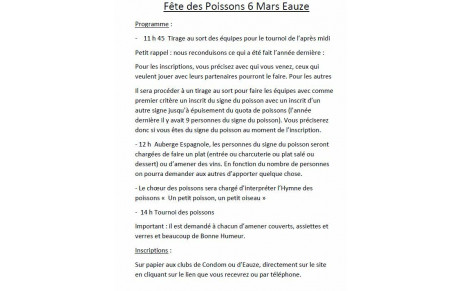 Programme de la fête des poissons du 6 mars 2024